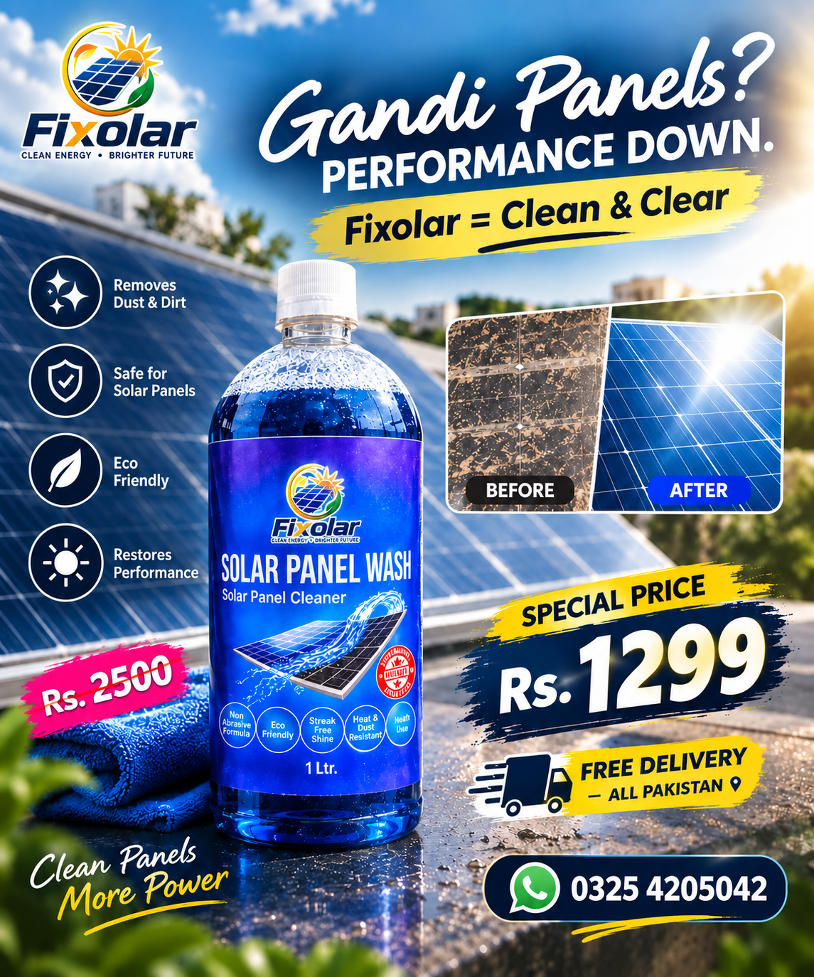 Fixolar Solar Panel Cleaner – Streak-Free Solar Panel Wash | 1 Ltr