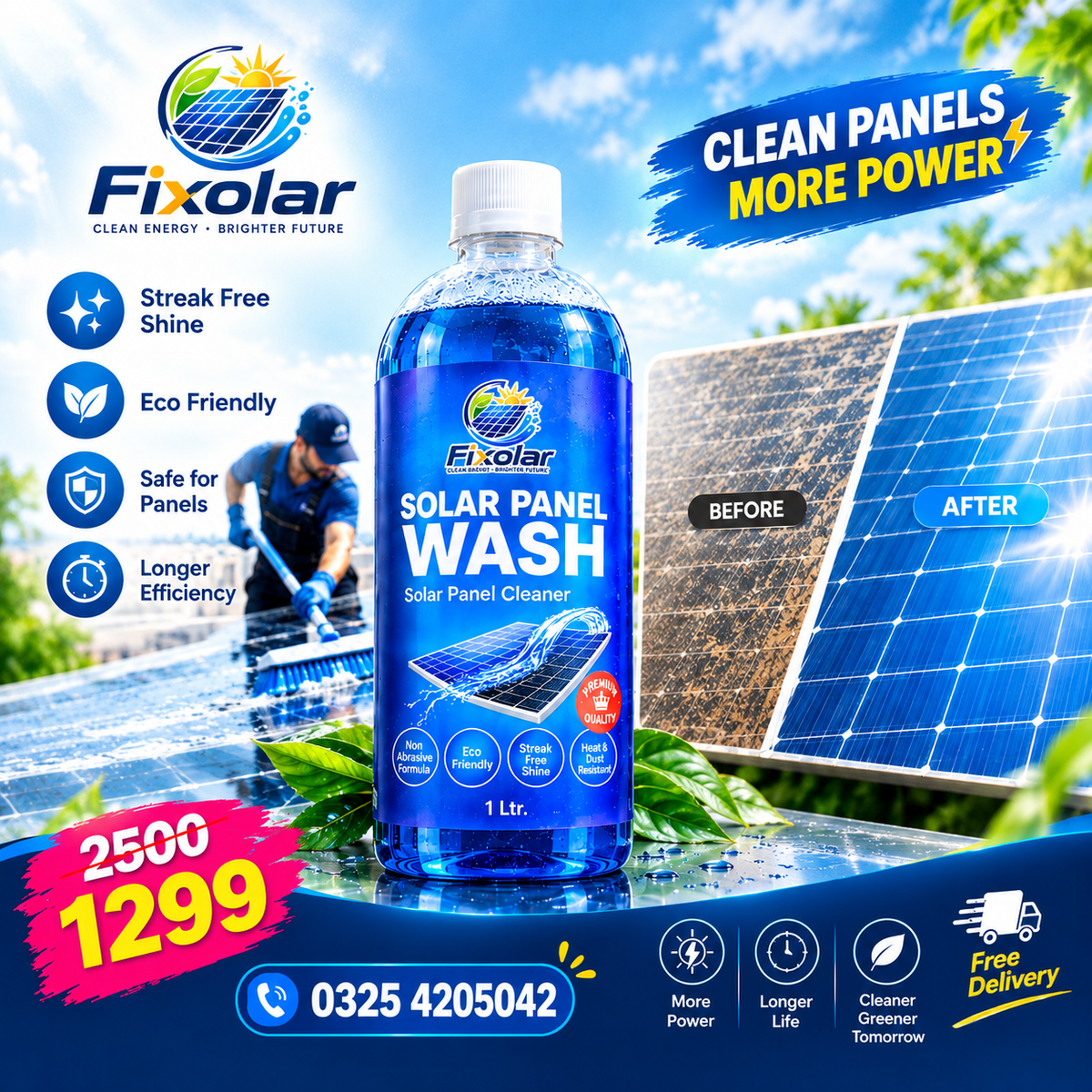 Fixolar Solar Panel Cleaner – Streak-Free Solar Panel Wash | 1 Ltr